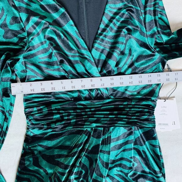 LINI NATALIE Velvet Emerald Zebra Print Faux Wrap Dress S - Picture 6 of 13